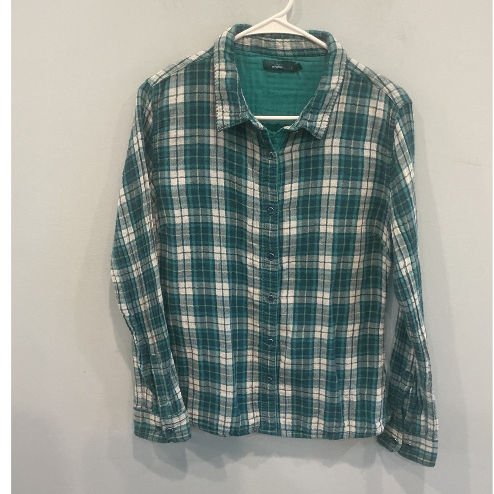 Prana Womens 100% Organic Cotton Flannel Shirt L Teal Blue Lined Gorpcore Fall
